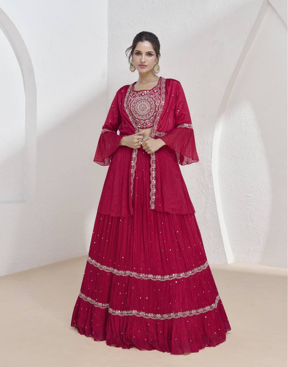 Pink Elegant Chinon Embroidered Lehenga Set with Jacket & Dupatta ClothsVilla Main image
