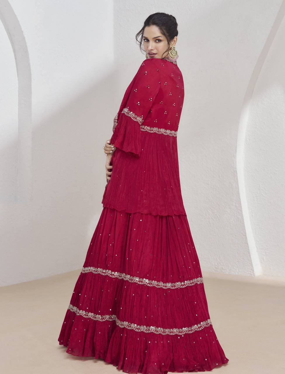 Pink Elegant Chinon Embroidered Lehenga Set with Jacket & Dupatta ClothsVilla