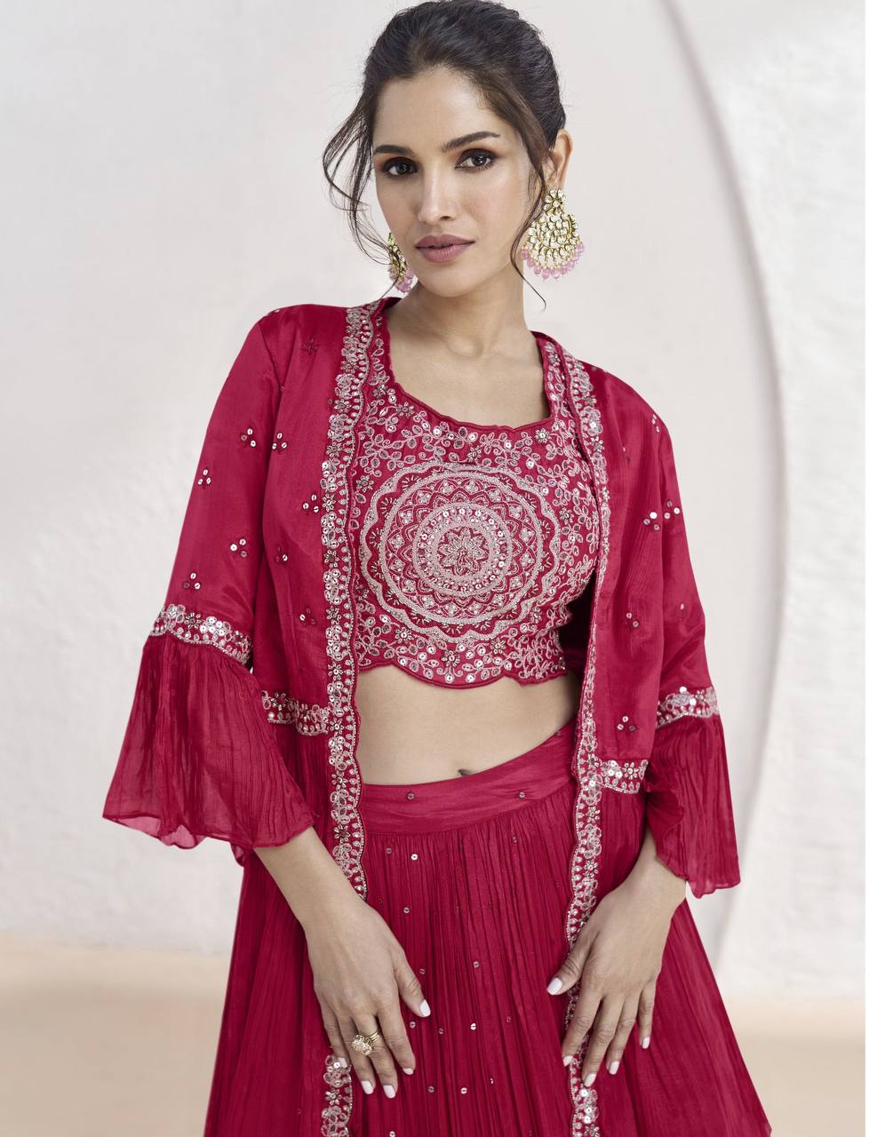 Pink Elegant Chinon Embroidered Lehenga Set with Jacket & Dupatta Secondary image