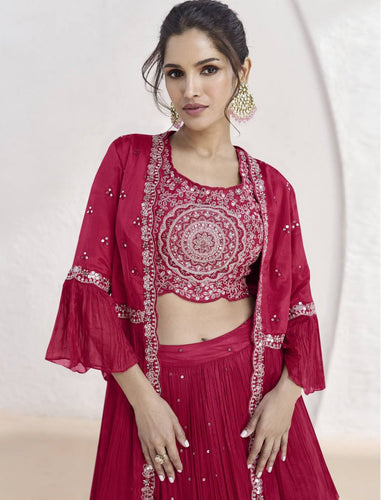 Pink Elegant Chinon Embroidered Lehenga Set with Jacket & Dupatta ClothsVilla