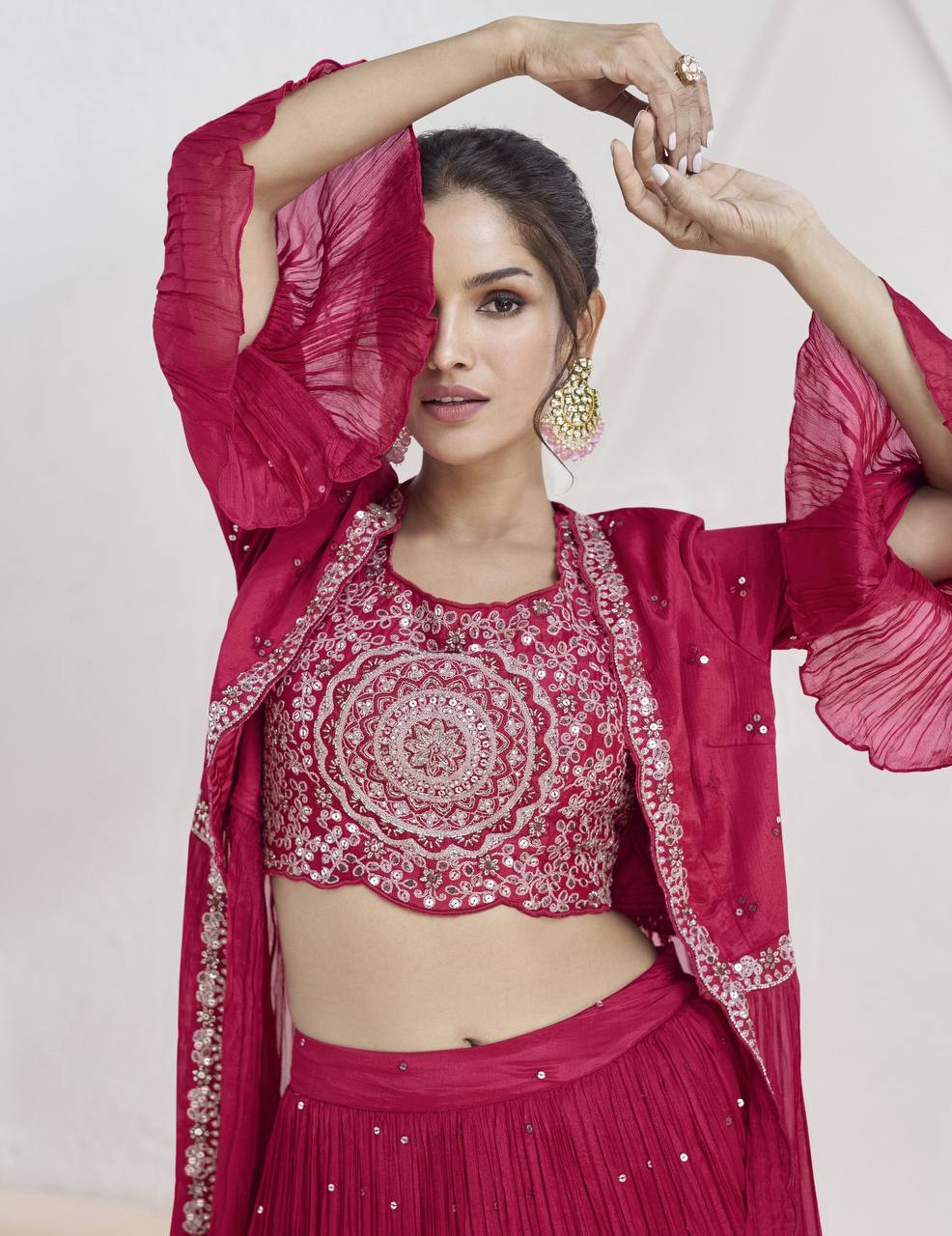 Pink Elegant Chinon Embroidered Lehenga Set with Jacket & Dupatta ClothsVilla