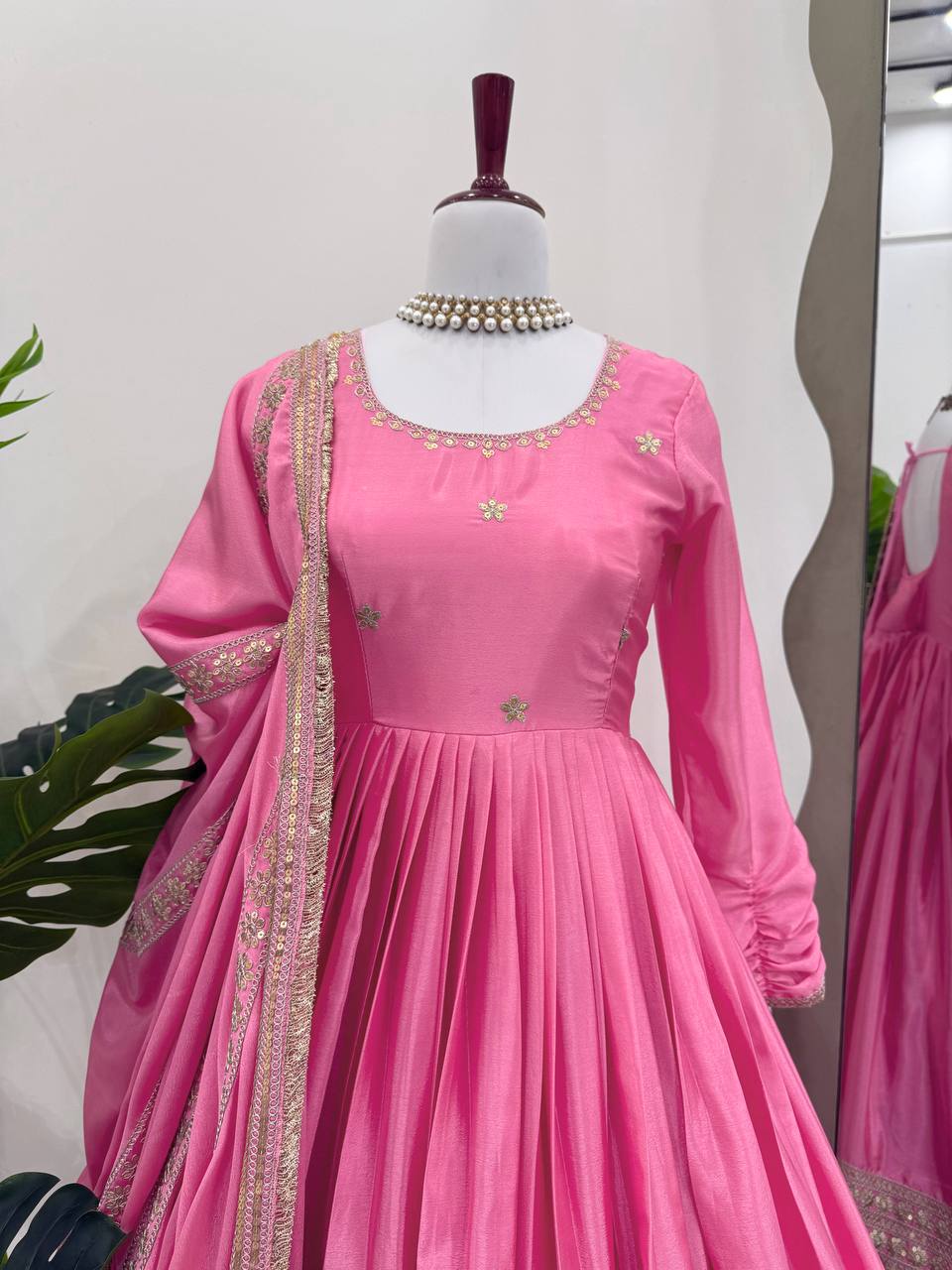 Pink Elegant Chinon Embroidered Suit Set ClothsVilla