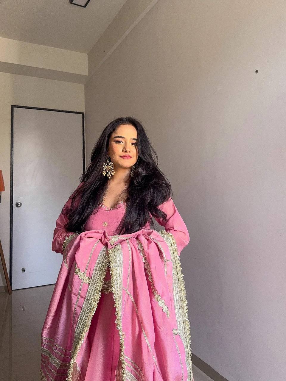 Pink Elegant Chinon Embroidered Suit Set ClothsVilla