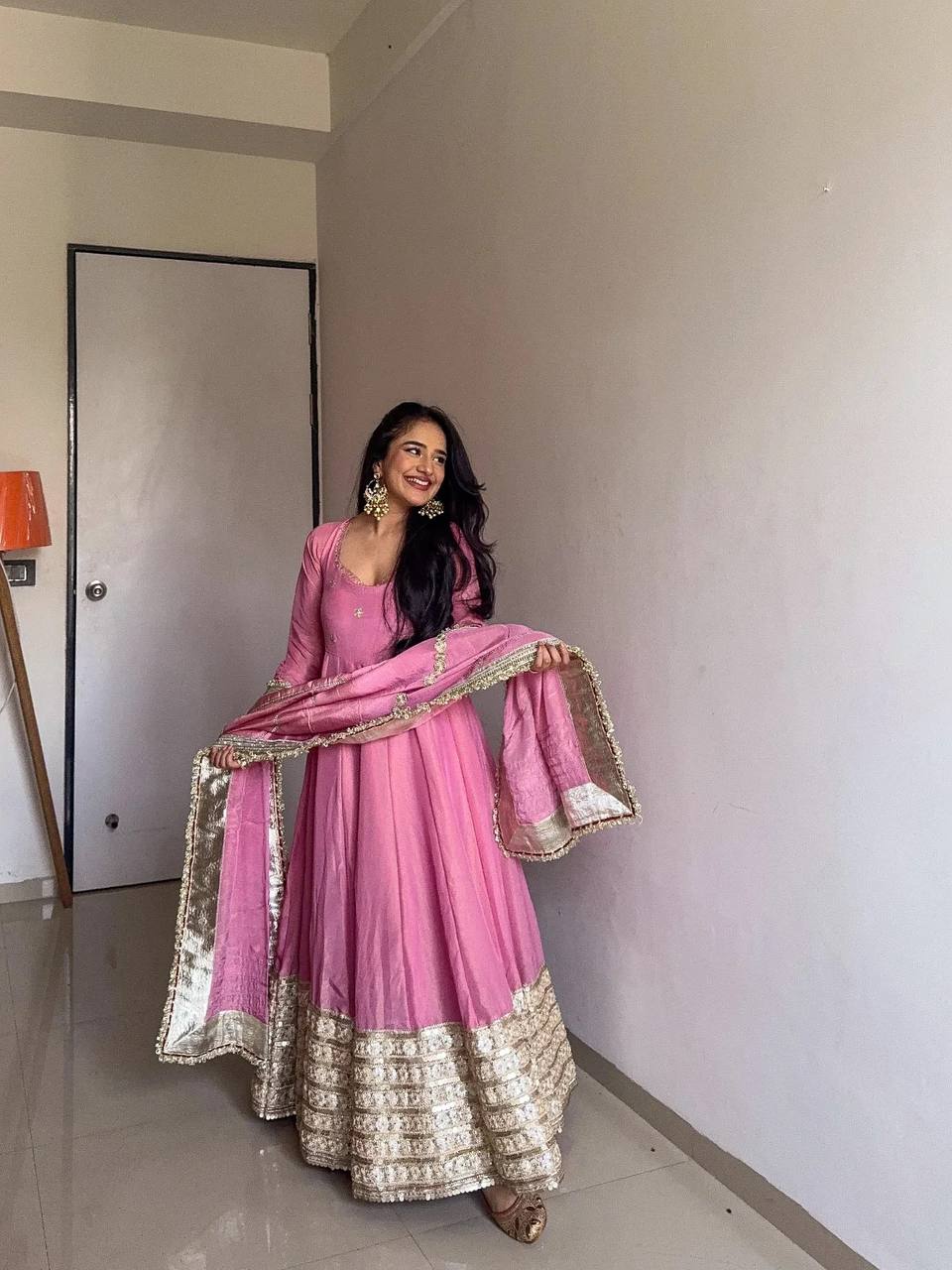 Pink Elegant Chinon Embroidered Suit Set ClothsVilla