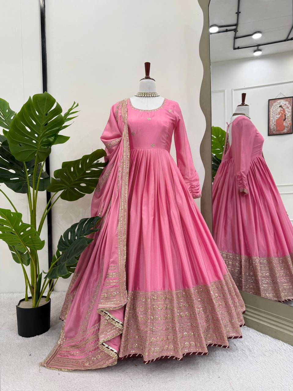Pink Elegant Chinon Embroidered Suit Set ClothsVilla