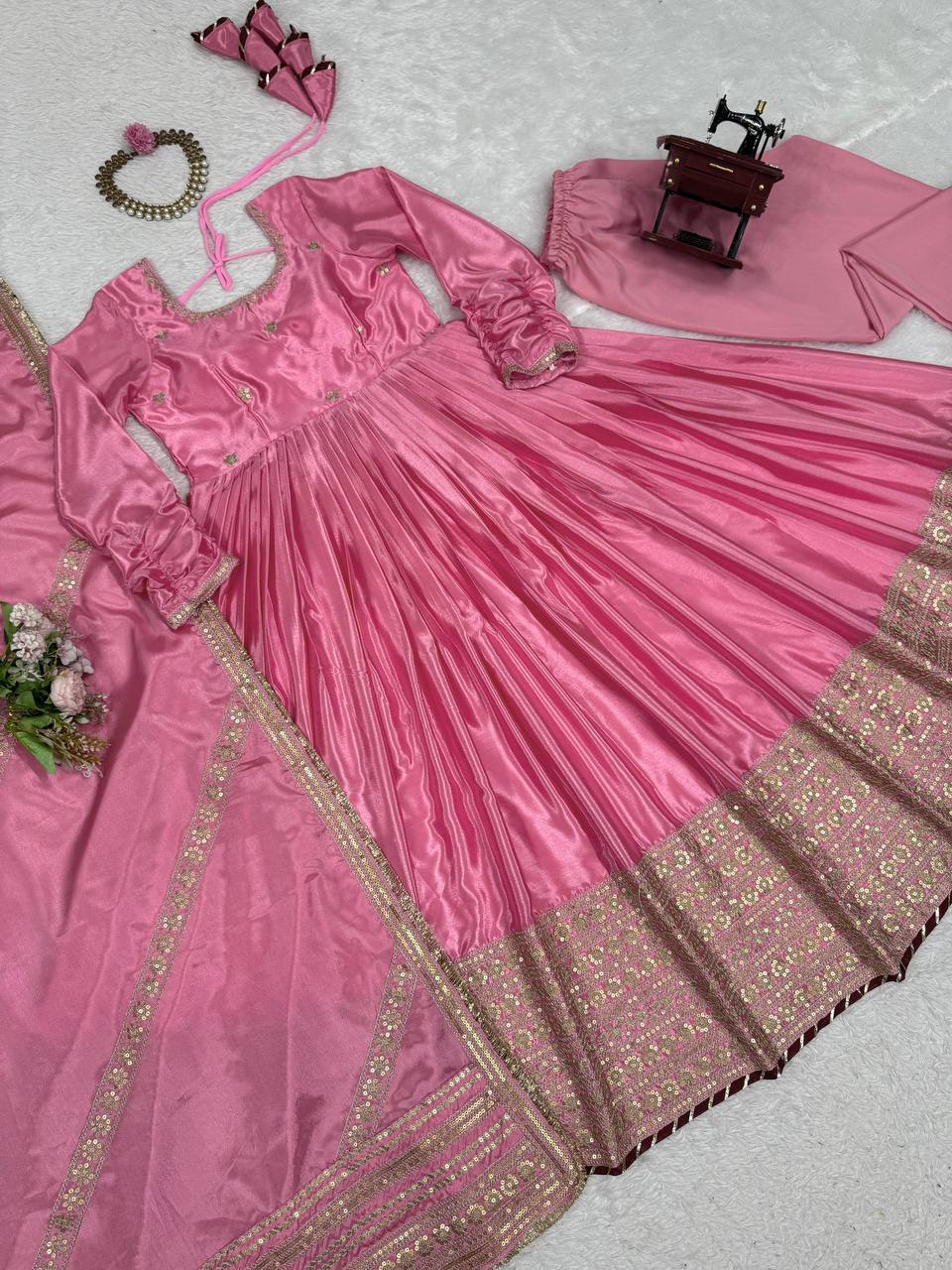 Pink Elegant Chinon Embroidered Suit Set ClothsVilla