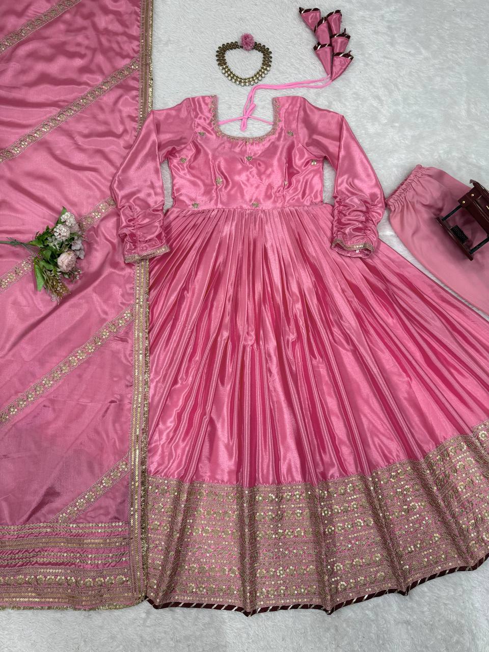 Pink Elegant Chinon Embroidered Suit Set ClothsVilla