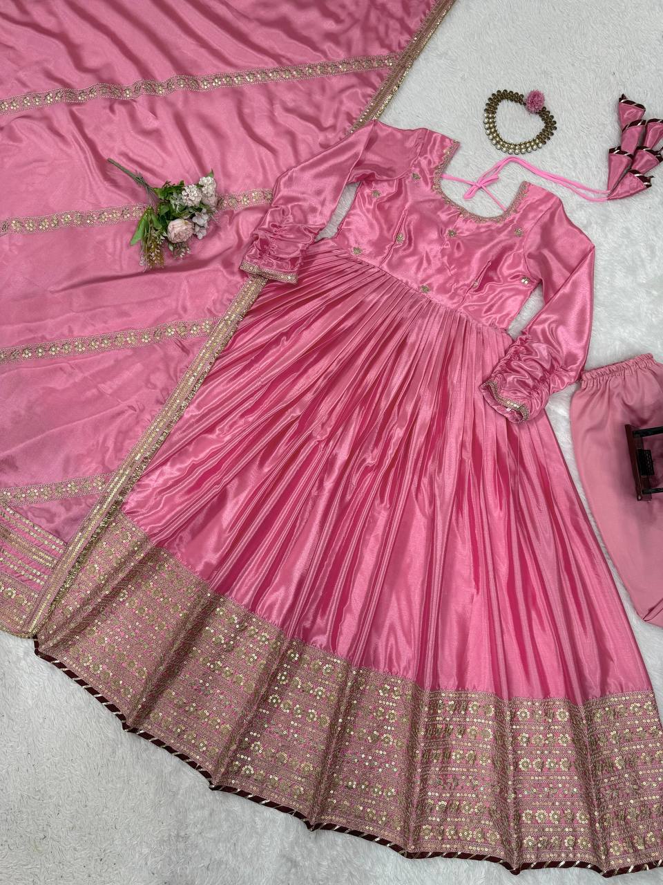Pink Elegant Chinon Embroidered Suit Set ClothsVilla