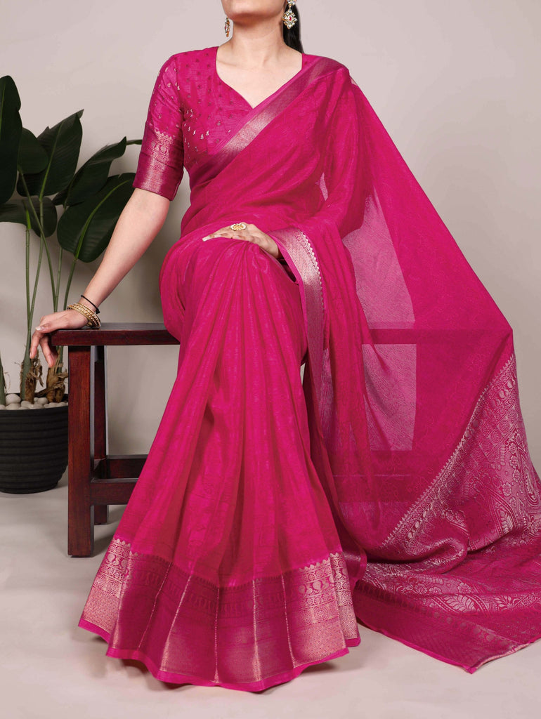 Pink Elegant Chinon Saree with Self Print & Zari Weaving Work Unstitched Blouse Included ClothsVilla