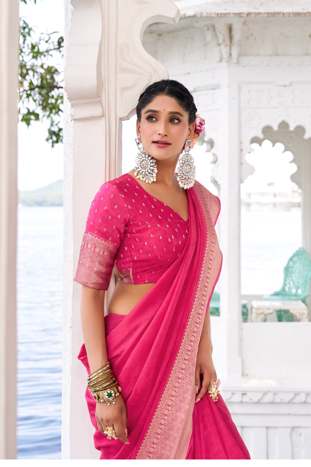 Pink Elegant Chinon Saree with Self Print & Zari Weaving Work Unstitched Blouse Included Secondary image
