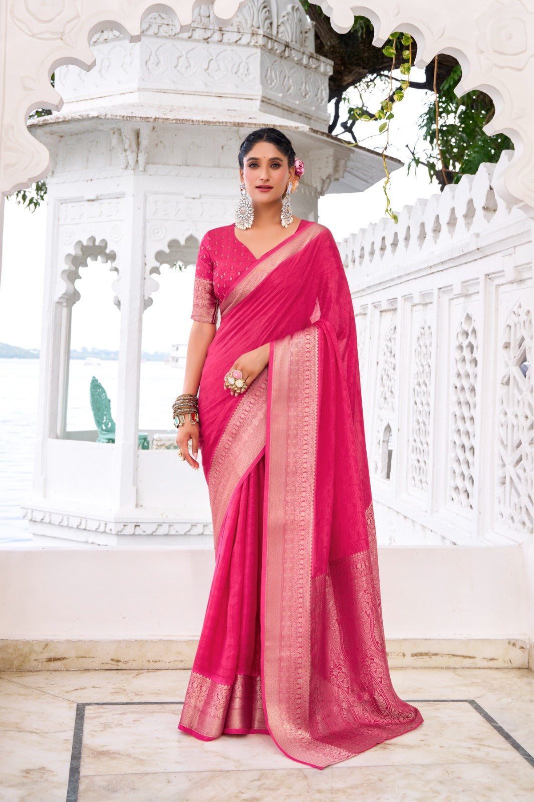 Pink Elegant Chinon Saree with Self Print & Zari Weaving Work Unstitched Blouse Included ClothsVilla Main image