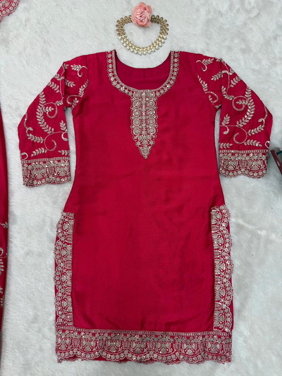 Pink Elegant Chinon Silk Embroidered Plazo Set with Dupatta ClothsVilla