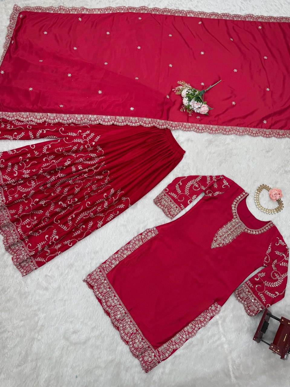 Pink Elegant Chinon Silk Embroidered Plazo Set with Dupatta ClothsVilla