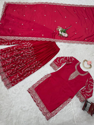 Pink Elegant Chinon Silk Embroidered Plazo Set with Dupatta ClothsVilla