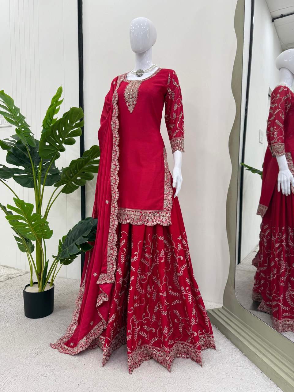 Pink Elegant Chinon Silk Embroidered Plazo Set with Dupatta ClothsVilla