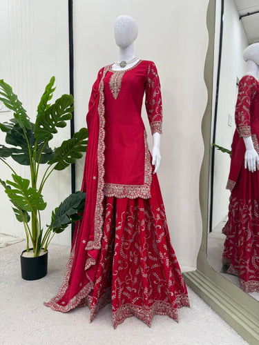 Pink Elegant Chinon Silk Embroidered Plazo Set with Dupatta ClothsVilla