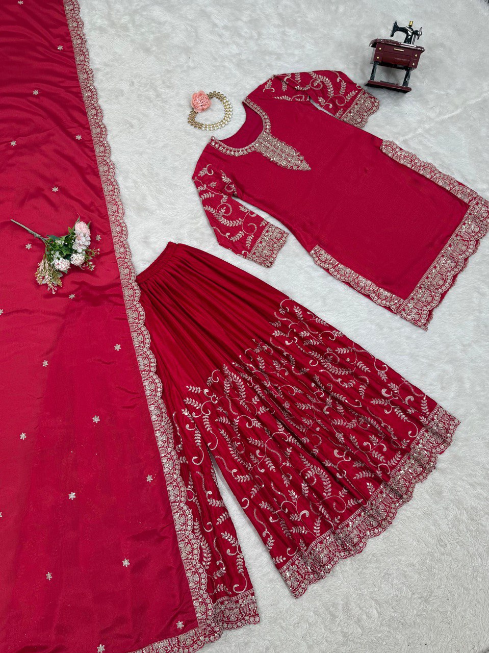 Pink Elegant Chinon Silk Embroidered Plazo Set with Dupatta ClothsVilla