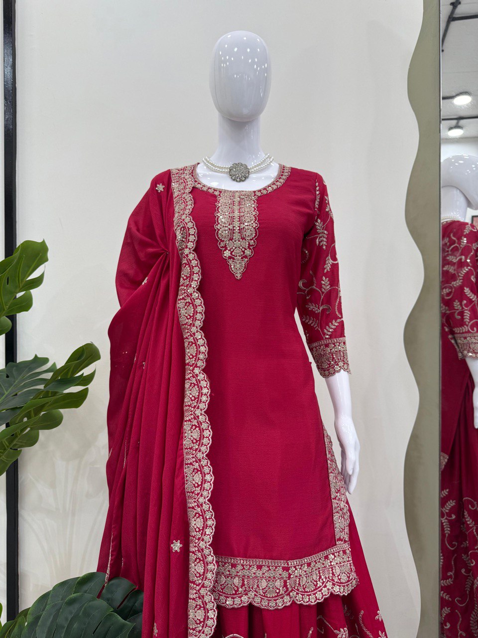 Pink Elegant Chinon Silk Embroidered Plazo Set with Dupatta ClothsVilla