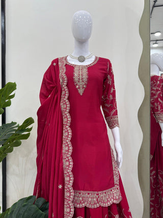 Pink Elegant Chinon Silk Embroidered Plazo Set with Dupatta ClothsVilla