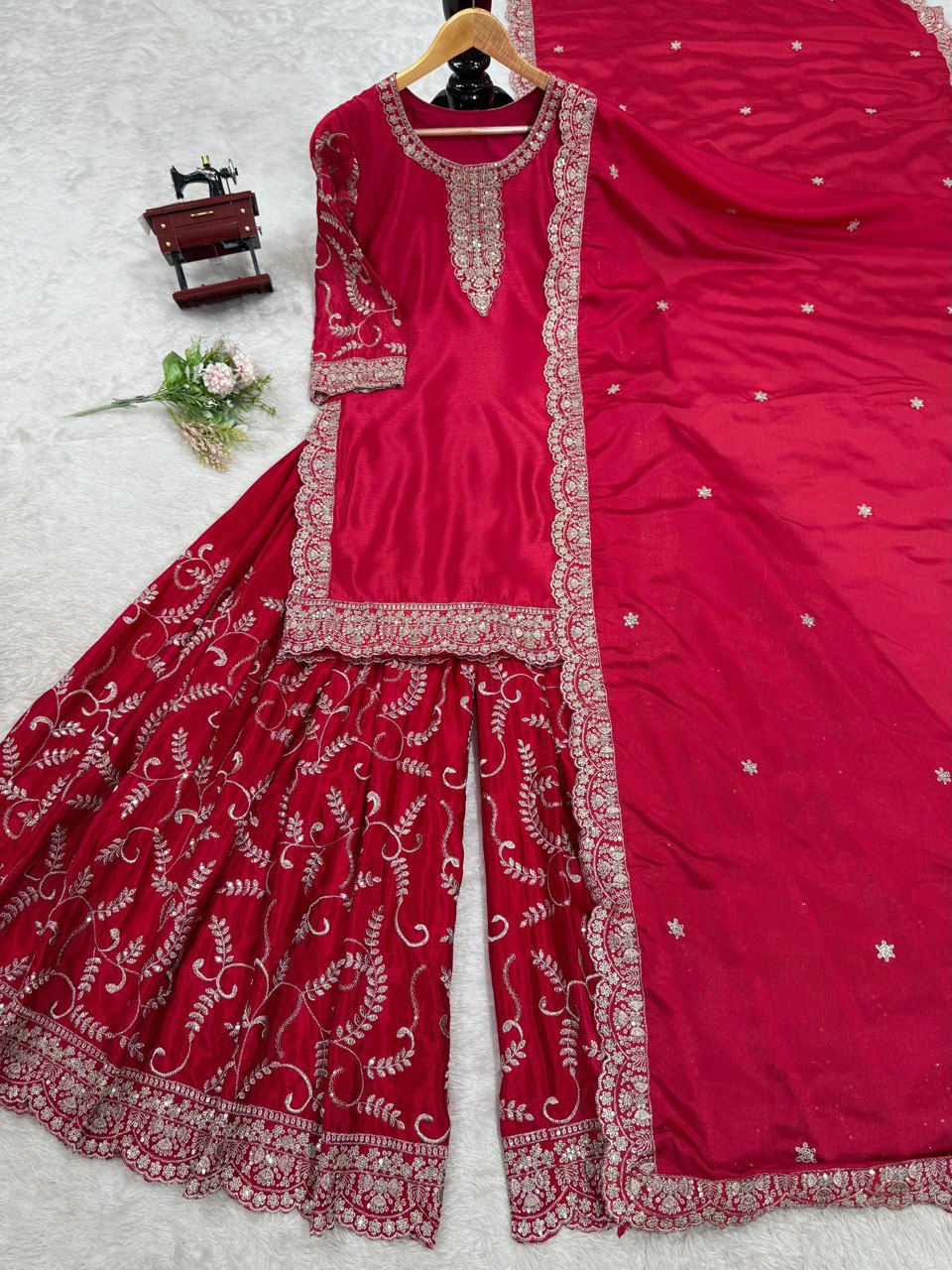Pink Elegant Chinon Silk Embroidered Plazo Set with Dupatta ClothsVilla