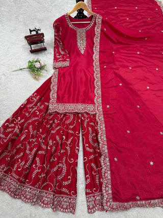 Pink Elegant Chinon Silk Embroidered Plazo Set with Dupatta ClothsVilla