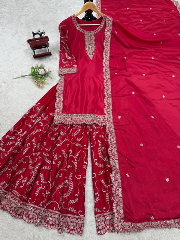 Pink Elegant Chinon Silk Embroidered Plazo Set with Dupatta ClothsVilla
