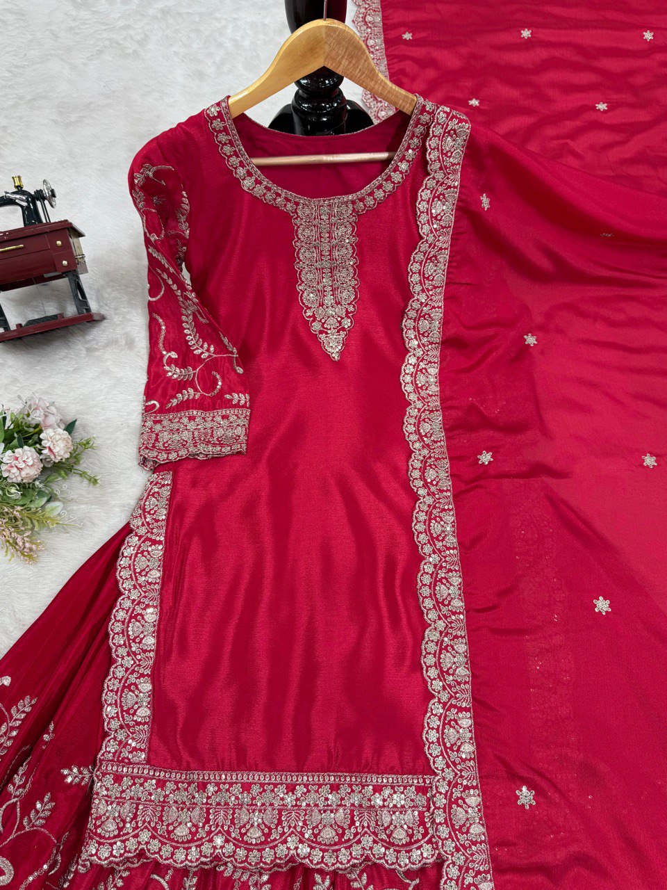Pink Elegant Chinon Silk Embroidered Plazo Set with Dupatta ClothsVilla