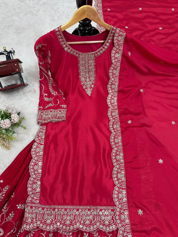 Pink Elegant Chinon Silk Embroidered Plazo Set with Dupatta ClothsVilla