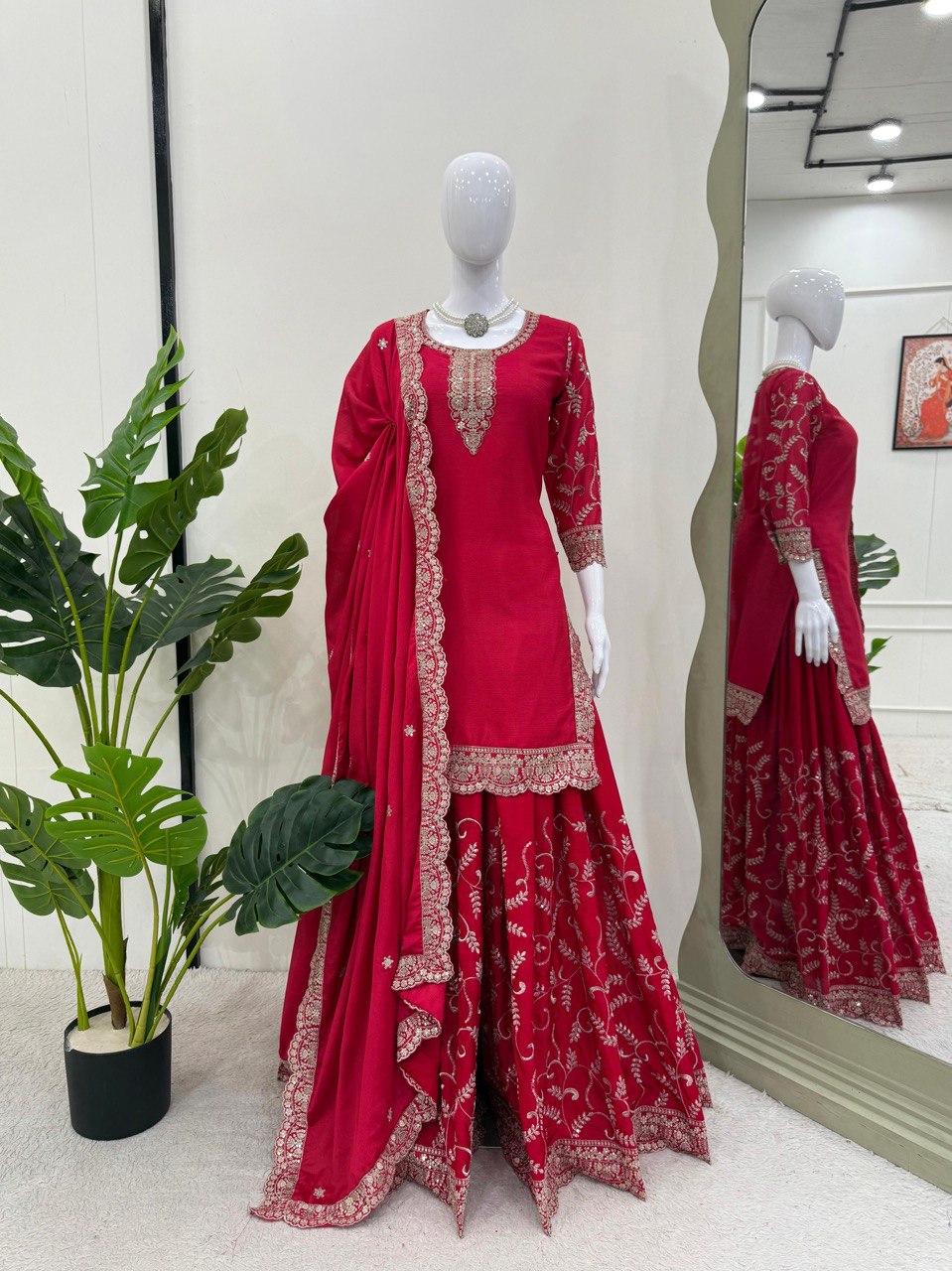Pink Elegant Chinon Silk Embroidered Plazo Set with Dupatta ClothsVilla
