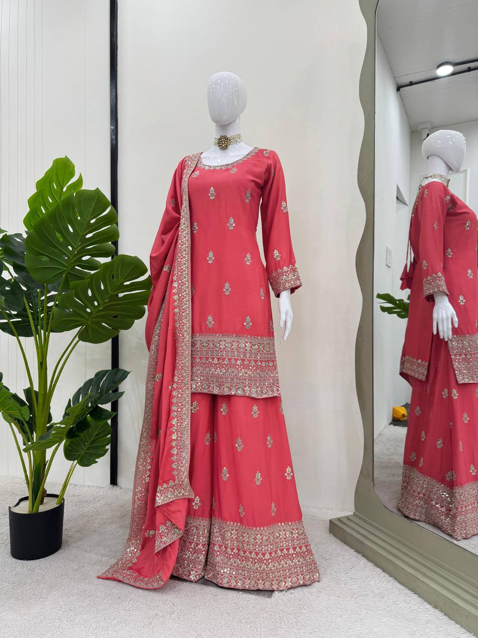 Pink Elegant Chinon Silk Ensemble – Top, Plazo & Dupatta ClothsVilla