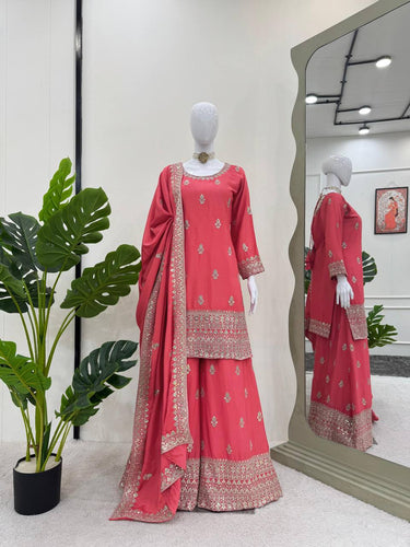 Pink Elegant Chinon Silk Ensemble – Top, Plazo & Dupatta ClothsVilla