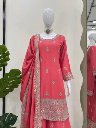 Pink Elegant Chinon Silk Ensemble – Top, Plazo & Dupatta ClothsVilla