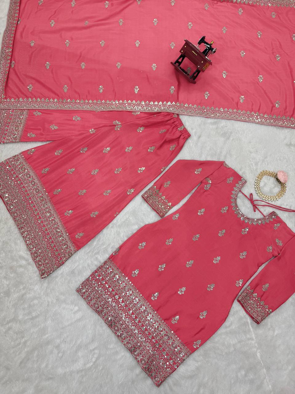 Pink Elegant Chinon Silk Ensemble – Top, Plazo & Dupatta ClothsVilla