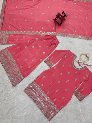 Pink Elegant Chinon Silk Ensemble – Top, Plazo & Dupatta ClothsVilla