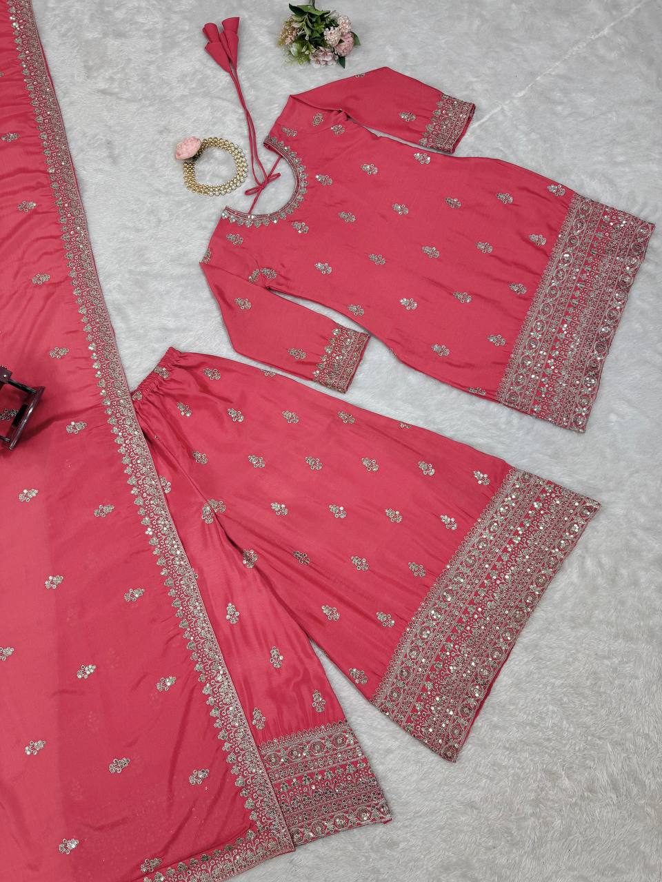 Pink Elegant Chinon Silk Ensemble – Top, Plazo & Dupatta ClothsVilla