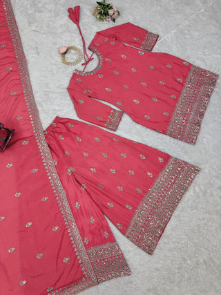 Pink Elegant Chinon Silk Ensemble – Top, Plazo & Dupatta ClothsVilla