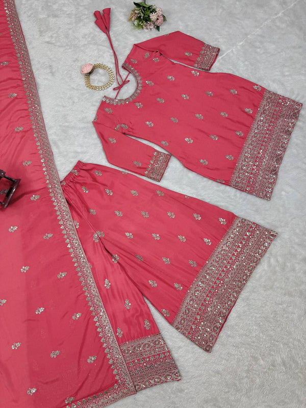Pink Elegant Chinon Silk Ensemble – Top, Plazo & Dupatta ClothsVilla