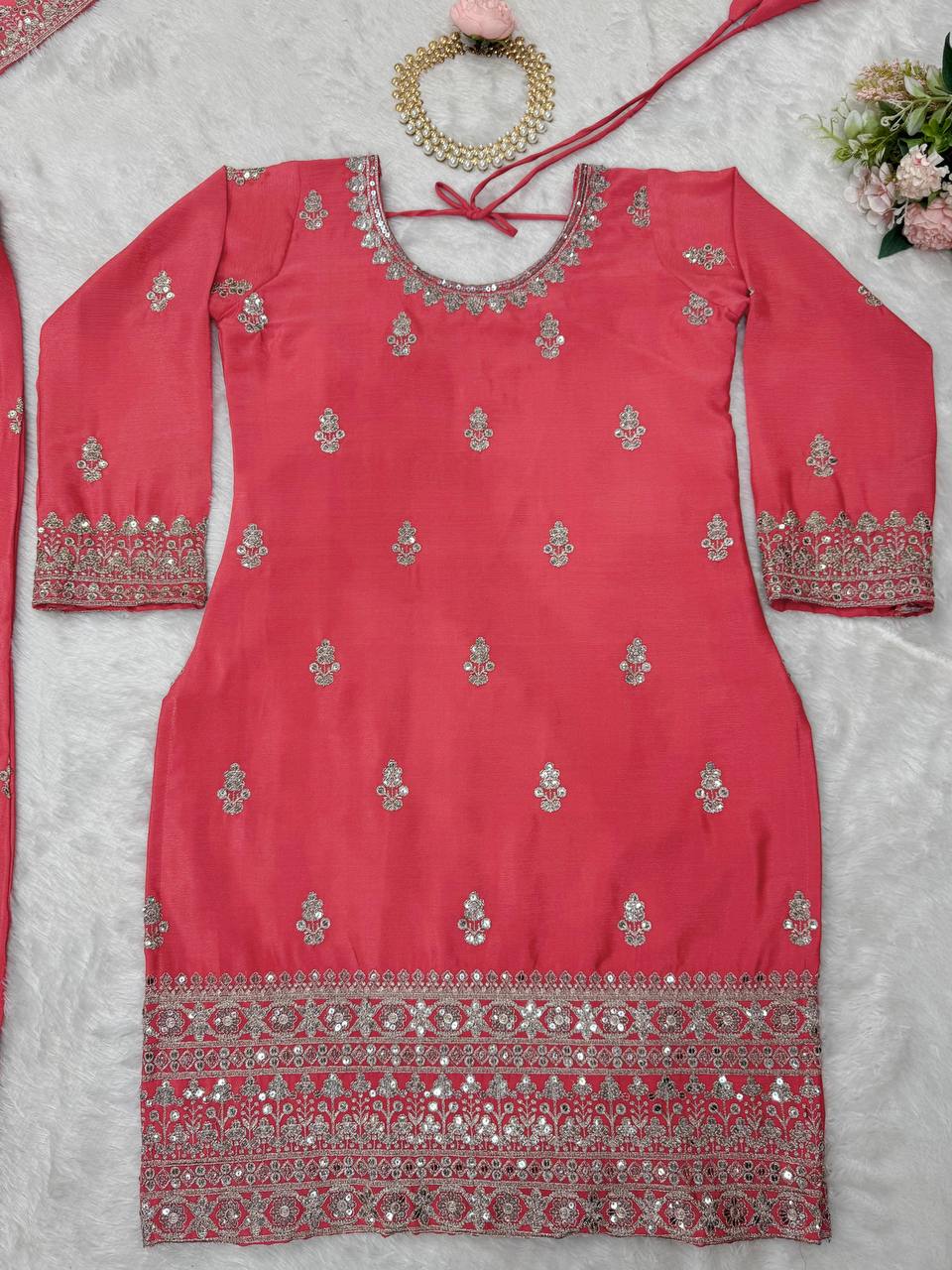 Pink Elegant Chinon Silk Ensemble – Top, Plazo & Dupatta ClothsVilla