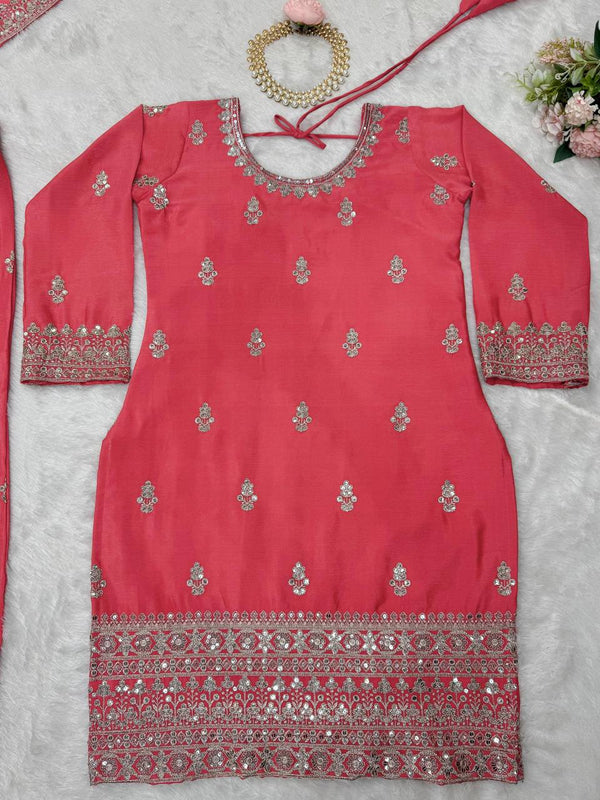 Pink Elegant Chinon Silk Ensemble – Top, Plazo & Dupatta ClothsVilla