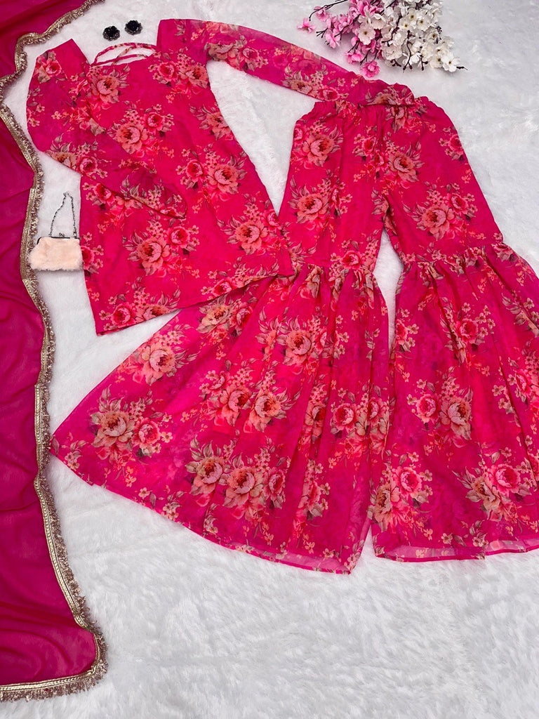 Pink Elegant Digital Printed Georgette Sharara Set with Butti Work Dupatta – Modern Ethnic Wear ClothsVilla