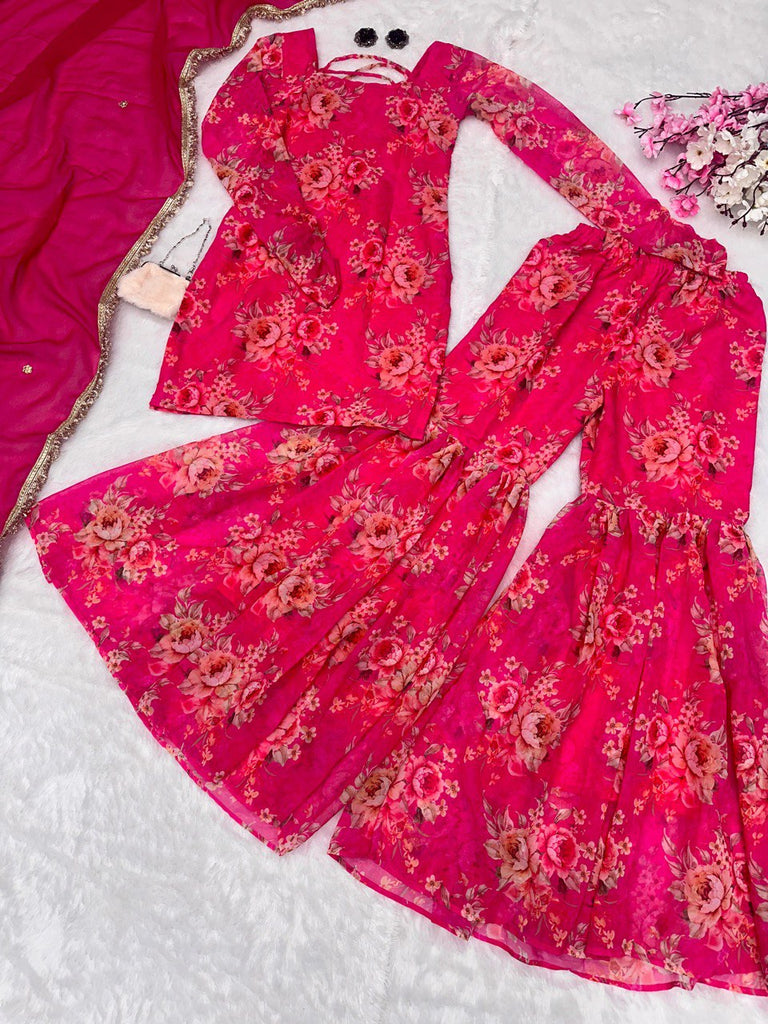Pink Elegant Digital Printed Georgette Sharara Set with Butti Work Dupatta – Modern Ethnic Wear ClothsVilla