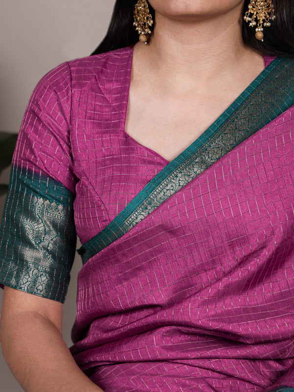 Pink Elegant Dola Chex Saree with Zari Weaving & Matching Blouse Piece ClothsVilla
