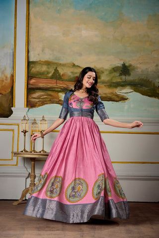 Pink Elegant Dola Silk Kalamkari Print Gown with Zari Weaving Koti ClothsVilla