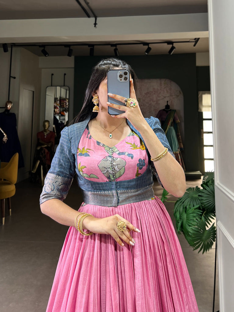 Pink Elegant Dola Silk Kalamkari Print Gown with Zari Weaving Koti ClothsVilla