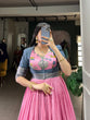 Load image into Gallery viewer, Pink Elegant Dola Silk Kalamkari Print Gown with Zari Weaving Koti ClothsVilla