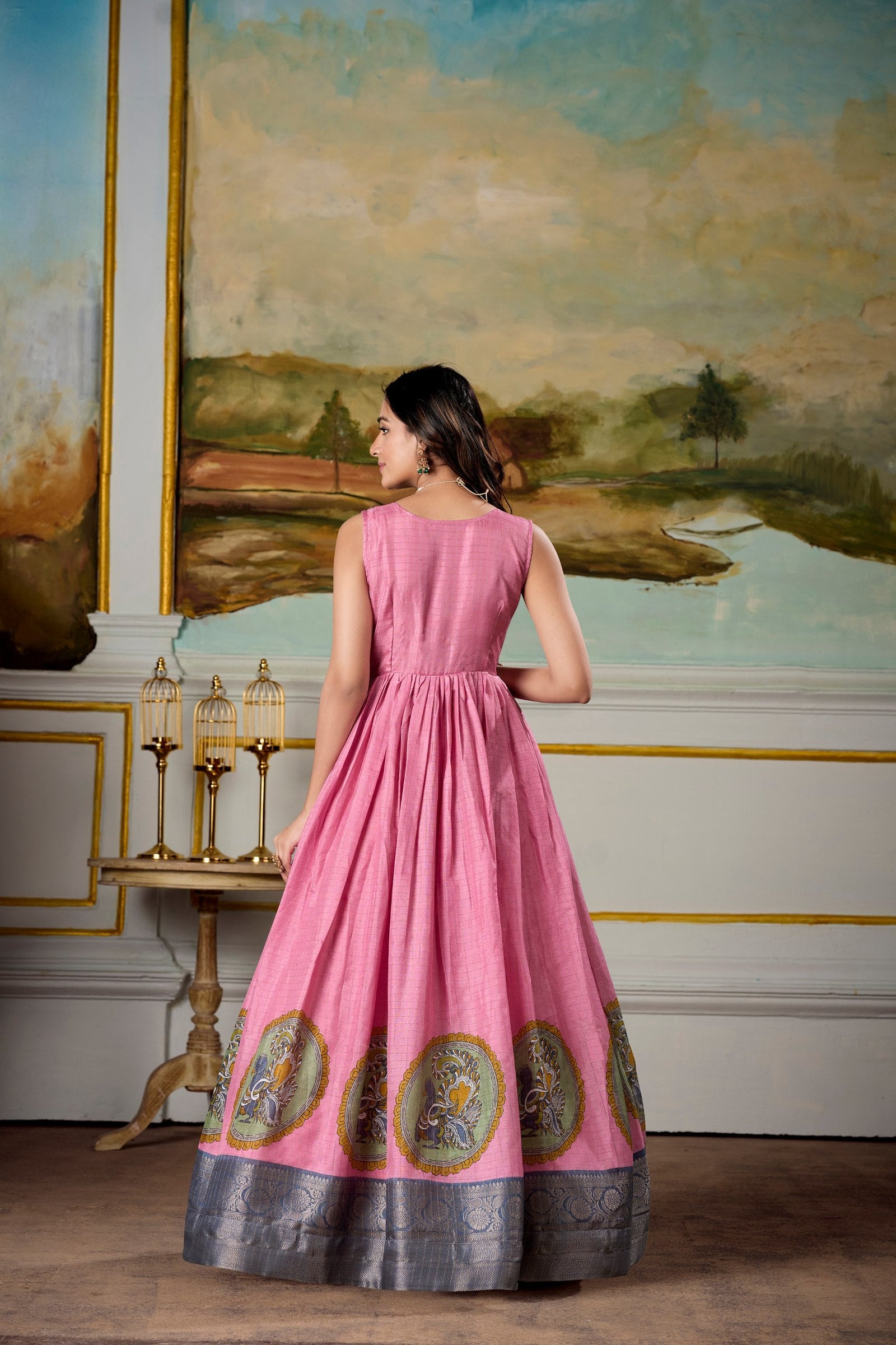 Pink Elegant Dola Silk Kalamkari Print Gown with Zari Weaving Koti ClothsVilla