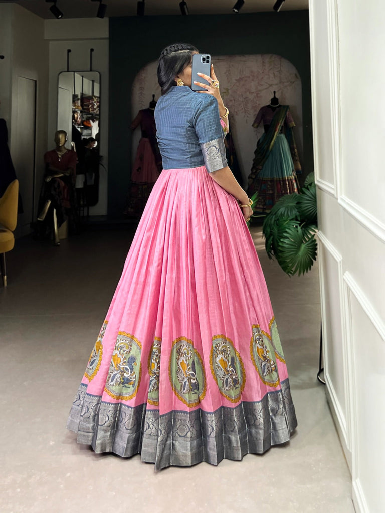 Pink Elegant Dola Silk Kalamkari Print Gown with Zari Weaving Koti ClothsVilla