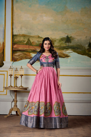 Pink Elegant Dola Silk Kalamkari Print Gown with Zari Weaving Koti ClothsVilla