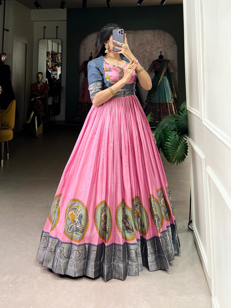 Pink Elegant Dola Silk Kalamkari Print Gown with Zari Weaving Koti ClothsVilla