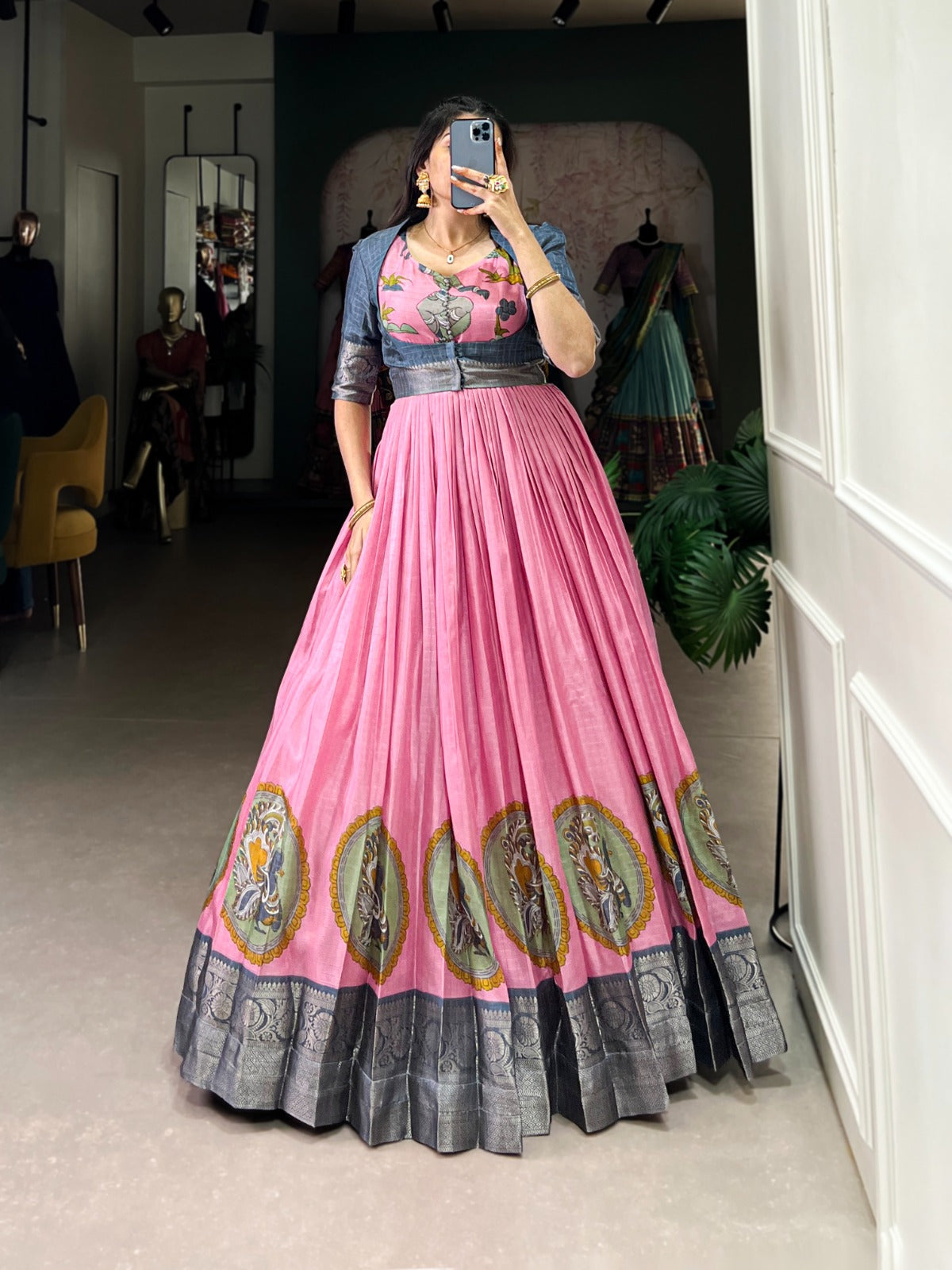 Pink Elegant Dola Silk Kalamkari Print Gown with Zari Weaving Koti ClothsVilla